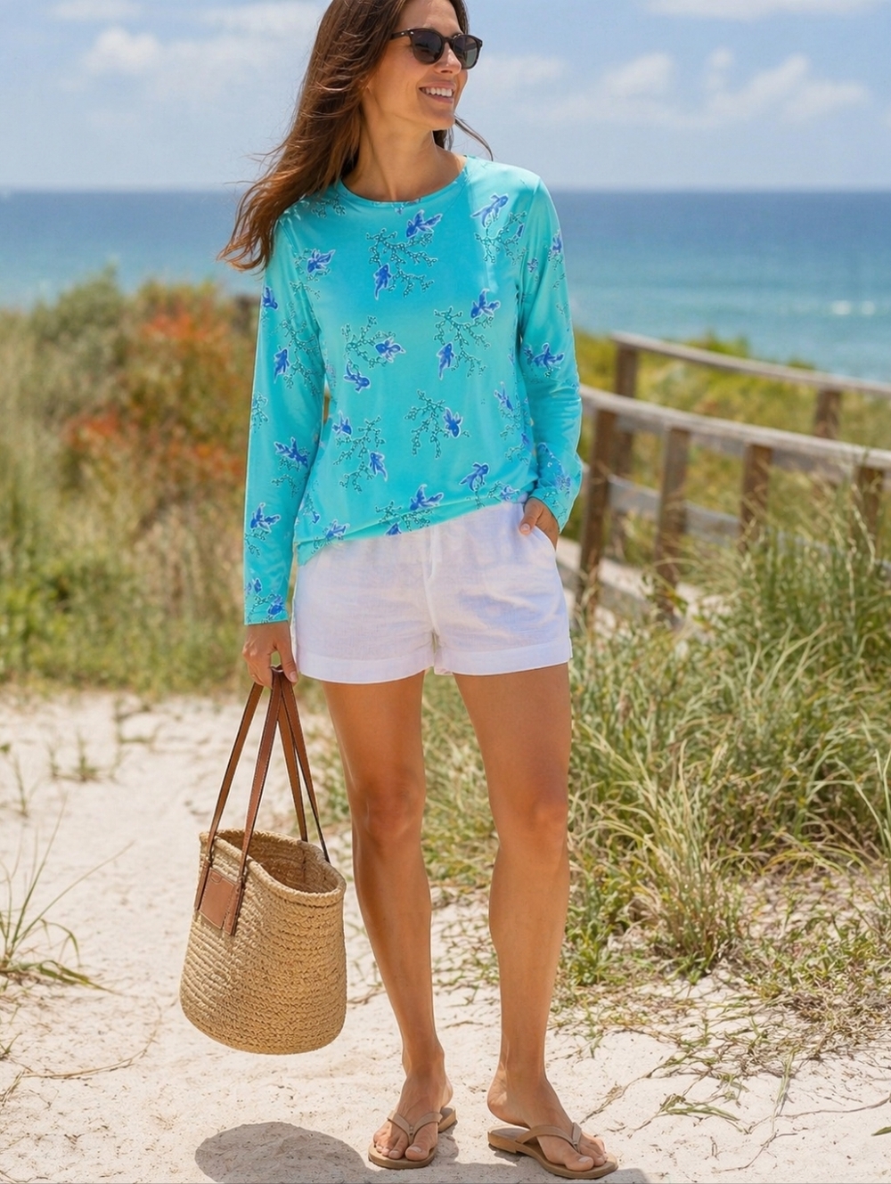 Vintage Sea Waves Stretch Sun Top M Aqua Coral Beach Y2K USA